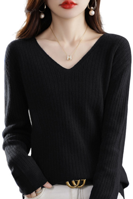 여성용 데일리 부드러운 골지 브이넥 긴팔 니트 Women's Knitwear D8379