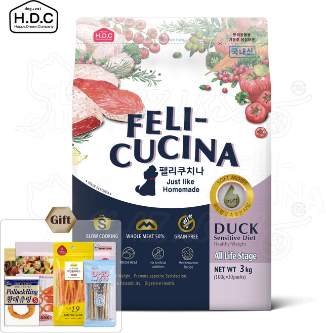 펠리쿠치나 오리 3kg 반습식사료 + 말랑 소프트 덴탈츄외, 1개