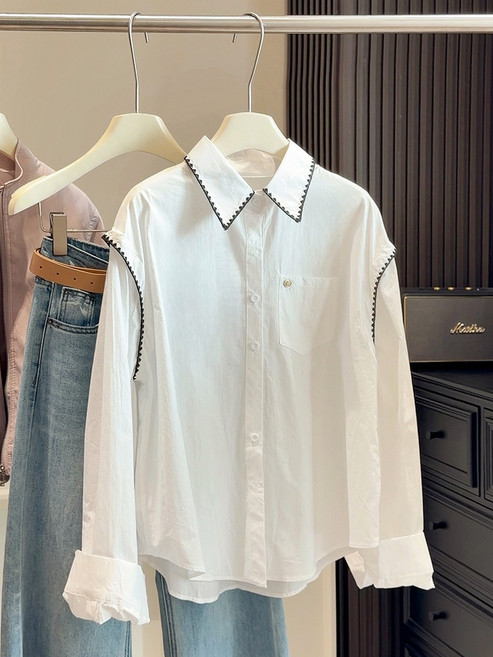 【減齡學院風】白襯衫 女式襯衫 通勤襯衫 翻領襯衫 長袖襯衫 春秋新款 寬鬆版型 百搭上衣 通勤日常穿搭