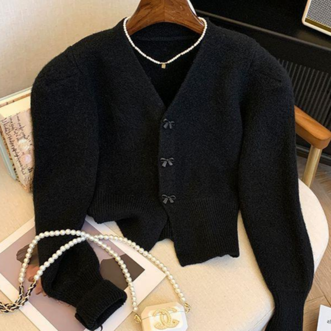 [엔젤디] 여성용 브이넥 퍼프소매 가디건