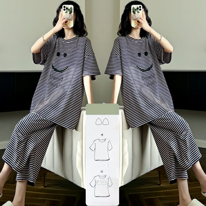 1+1 여성 봄 여름 반팔 파자마 캐주얼 얇은 캐릭터 스트라이프 반팔 티셔츠 7부 바지 홈웨어 투피스 루즈핏 잠옷 세트 LJX