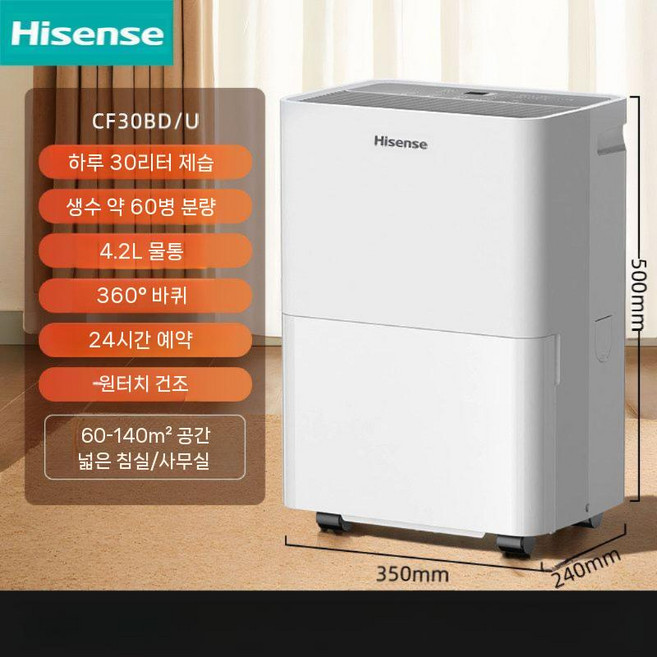 Hisense 제습기 소형 제습 옷건조 수분 흡수 실내 습기 침실, 30L/일간 제습  60-140  넓은 침실/사무실 공