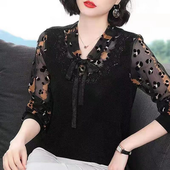 COSYEVNO 중년 엄마 넥타이 블라우스 가을 빅사이즈 루즈핏 패션 브이넥 프린트 시스루 긴팔 상의 lyjcs-4