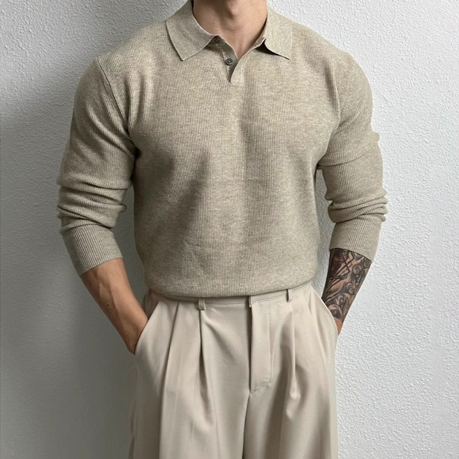 어깨넓어보이는 카라 머슬핏 긴팔티 남성 슬림핏 무지티 고급원단 긴팔 티셔츠