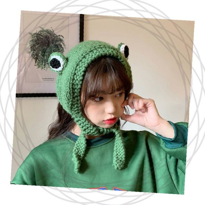 겨울 니트 개구리 후드 귀마개 모자 머리띠 방한 귀도리 캐릭터 동물 패션 소품