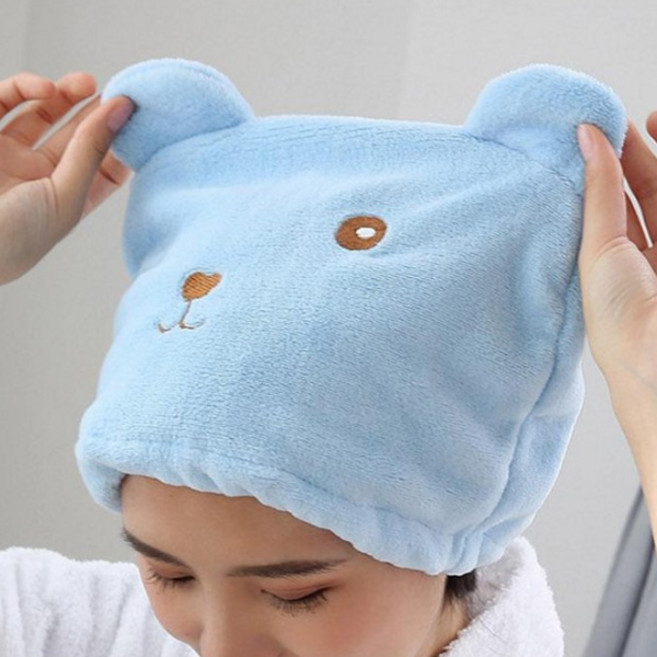 극세사 곰돌이 드라이 타올 헤어 캡 머리 수건 DD-11825, 블루, 1개