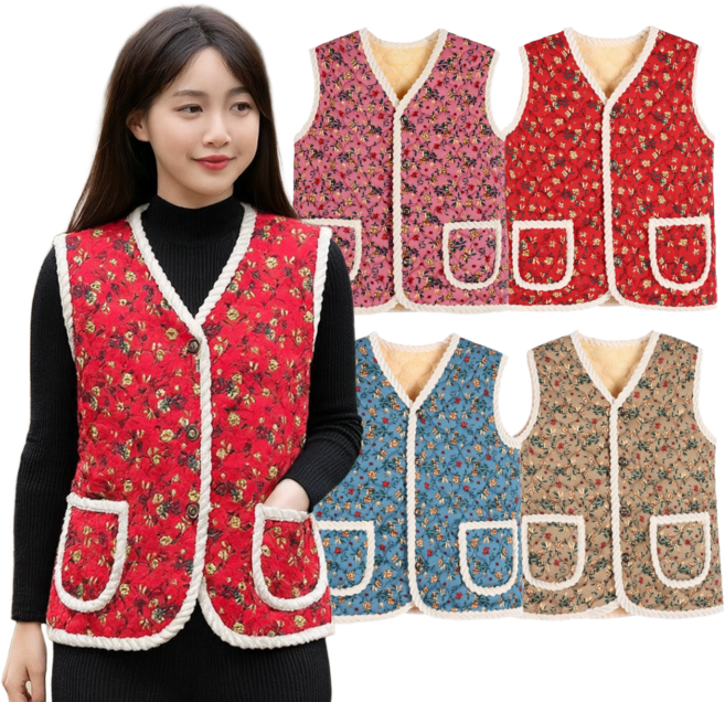 여성 꽃무늬조끼 누빔 보온 할머니조끼