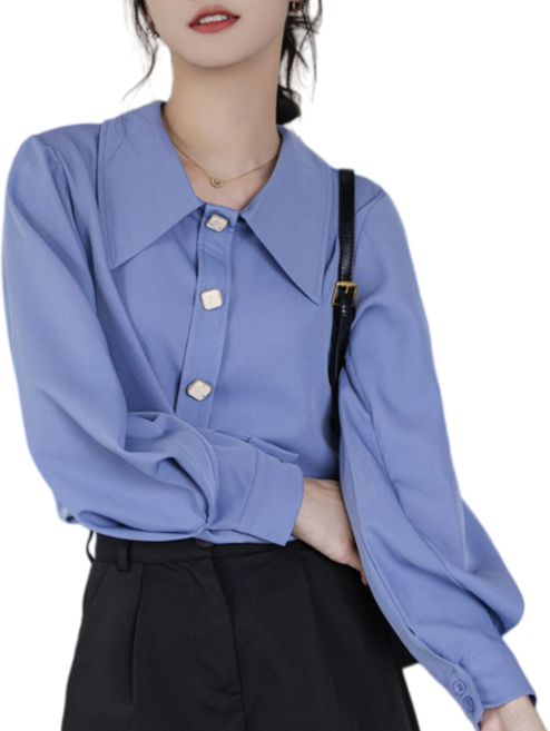 Makone 여성 빅카라 패션 셔츠 솔리드 캐주얼 심플 데일리 긴팔 쉬폰 블라우스