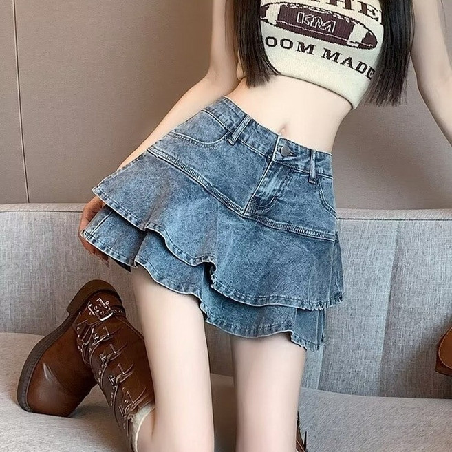 荷葉邊牛仔短裙女夏高腰蛋糕裙顯瘦包臀A字小個子辣妹超短魚尾裙