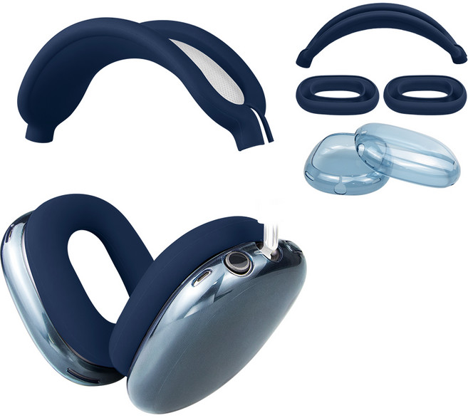 SOULWIT 보호 키트 호환 AirPods Max 에어팟 맥스 헤드밴드 커버 + TPU 케이스 프로텍터 + 실리콘 이어패드 커버 땀 방지 3-in-1 악세사리 세트, Navy+Blue, 1세트