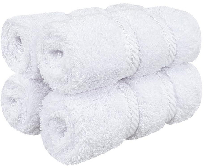 American SOFT 소프트 린넨 욕실용 럭셔리 수건 600 GSM 100% 면 4피스 터키산 워시 천 세트 몸과 얼굴용 33 x 33cm(13 13인치) 부드러운 걸레, 13x13" Washcloth Set, Bright White