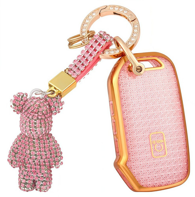 OFFCURVE 기아차 5버튼 큐빅곰돌이 차키 TPU 키커버 호환 스포티지 셀토스 쏘렌토 카니발 K5 반짝이 보석 디자인 키홀더, 핑크 골드