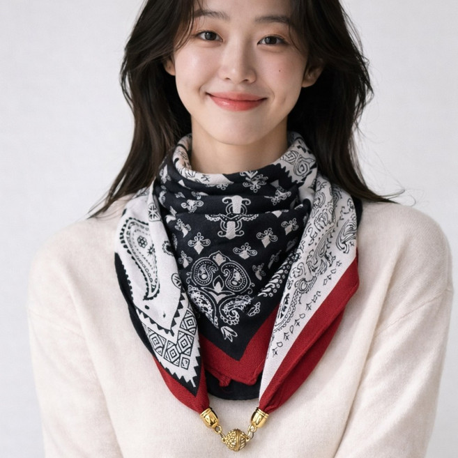 자석 스카프 사각 쁘띠 머플러 원터치 버클 간편 고정 쉬운 착용 여성 데일리 봄 가을 패션