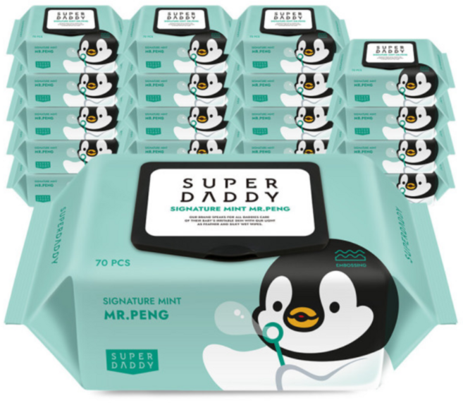 슈퍼대디 시그니처 미스터펭 민트 유아 물티슈 캡형, 70g, 70매, 20개