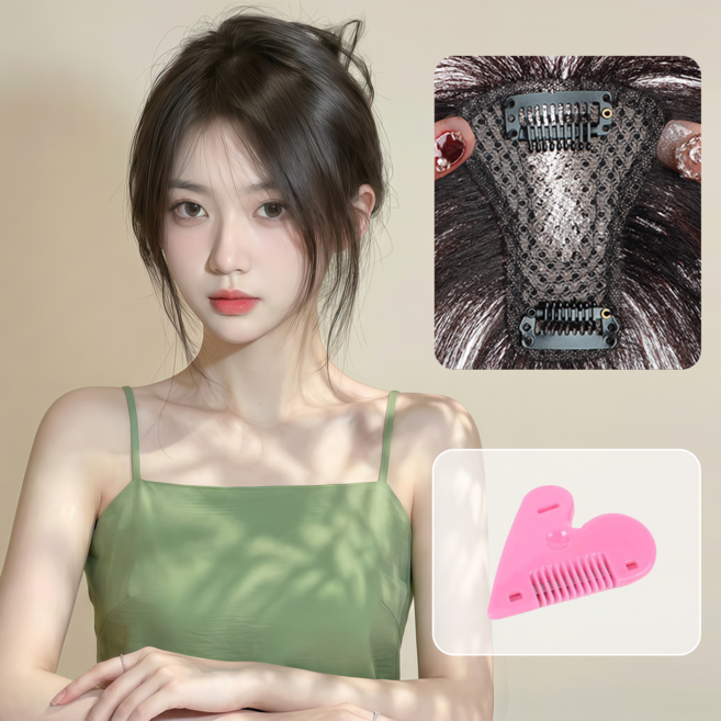 Leesheer 여자 수제 정수리 부분가발 100%인모 자연스러운 앞머리 가발, 팔자 앞머리(내추럴)6*8cm, 1개