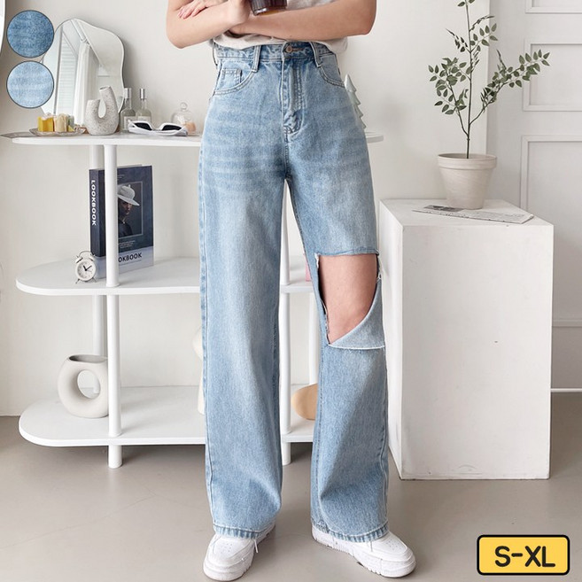 가비진 여성용 데님 워싱 무릎트임 일자 와이드 롱기장 청바지 팬츠