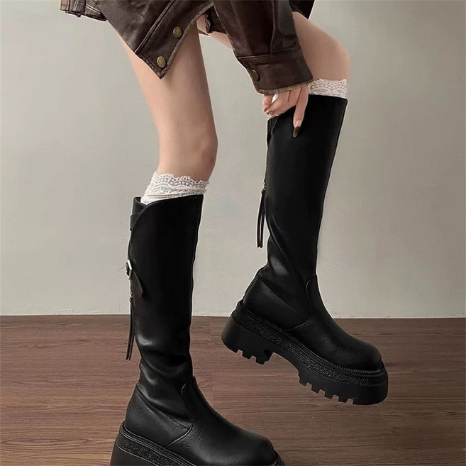 TKX 여성용 두꺼운 바닥 고급 롱부츠 PU 가죽 지퍼 버클 세련된 가을 겨울 신발KZ35