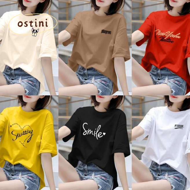 오스틱니(완전 편한) 100kg까지 1+1+1+1+1+1 여성 프린트 라운드넥 반팔 티셔츠 여름 추천 빅사이즈 캐릭터 프린팅 홈웨어 학생복 중년 큰옷 여성의류 여자 티 6종 세트