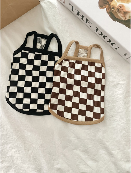 강아지여름끈나시 애견체크골지민소매 초소형견옷 아기반려견옷, 블랙, 1개