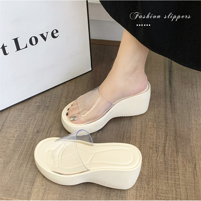 SAHINER 여성 웨지힐 슬리퍼 투명 스트랩 캐주얼 여름 신발 ALX34