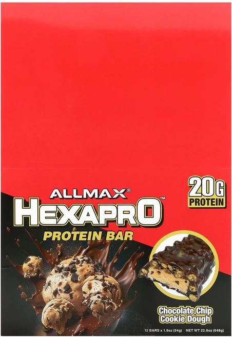 ALLMAX Hexapro 프로틴바 초콜릿 칩 쿠키 도우 12개입 개당 54g(1.9온스), ALLMAX Hexapro™ 프로틴바 초콜릿 칩 쿠키, 54g, 12개 - 쿠팡