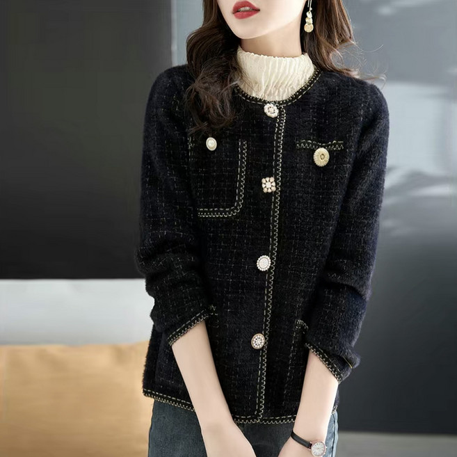 휠렉스 여성 라운드넥 봄 진주 트위드 가디건 JT229