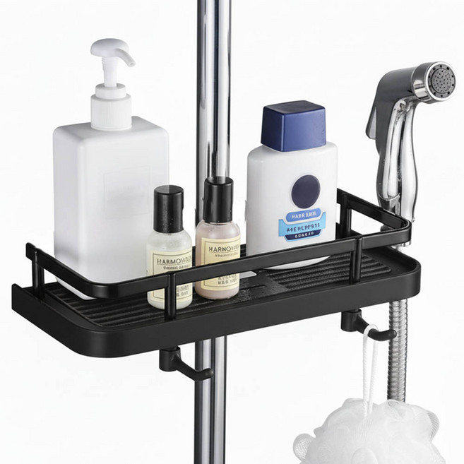 깔끔더하기 무타공 욕실 샤워기 걸이 선반, 1개, 블랙
