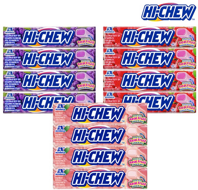 모리나가 하이츄 3종 12개(딸기 포도 복숭아), 1세트, 57g