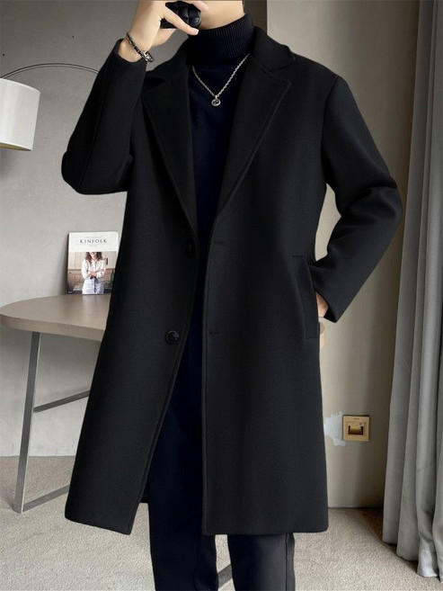 남성 겨울 울 트렌치 코트 루즈핏 블랙 아우터 캐주얼 반코트