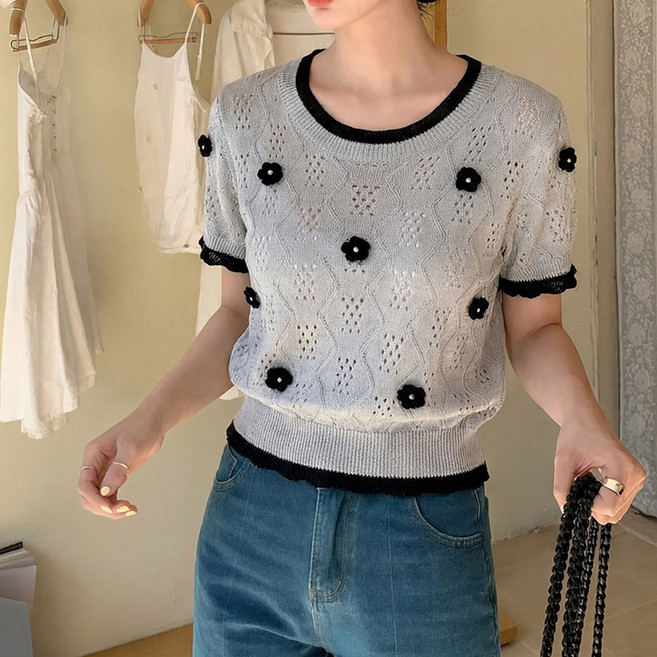 SOSISI 여성 반팔 니트 라운드넥 손뜨개 꽃 여름 티 풀오버 46159