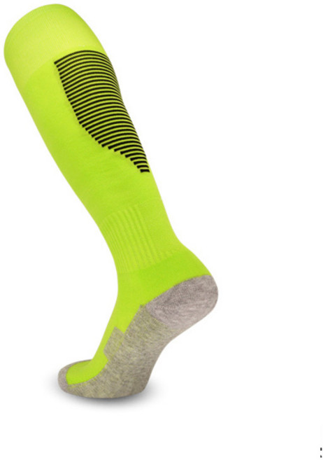 스트라이프 스포츠 축구 양말 및 용 통기성 축구 클럽 무릎 높이 훈련 달리기 긴 스타킹 수건 바닥 양말 남녀공용, 01 Childs(EU30-36), 1개, [00] Fluorescent green