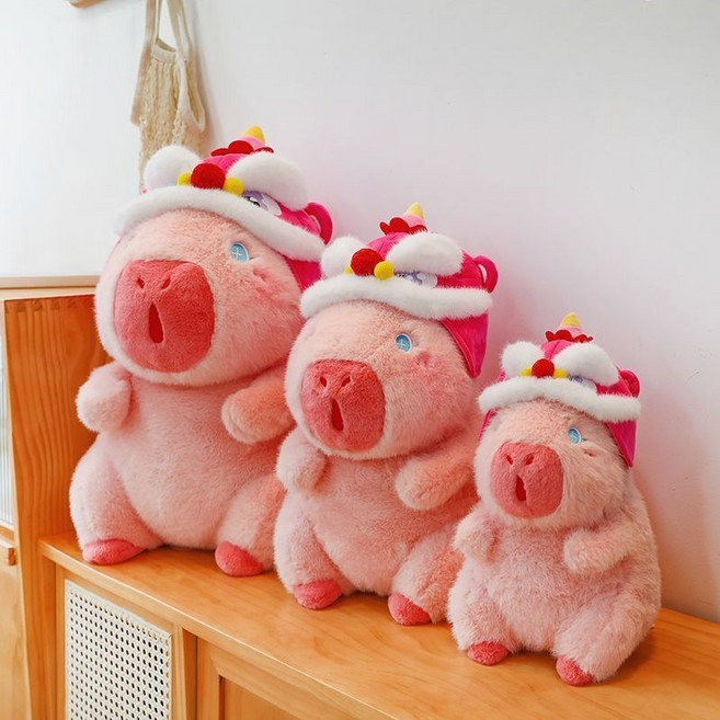 可愛櫻花水豚粉色卡皮玩偶巴拉運動毛絨玩具公仔, 1個, 舞獅卡皮巴拉戴帽子50厘米