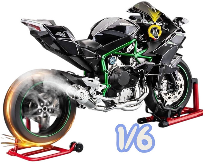 yono 가와사키 1:6 H2R 다이캐스트 시동 구동 가능 바이크 오토바이 모델, 블랙, 1개