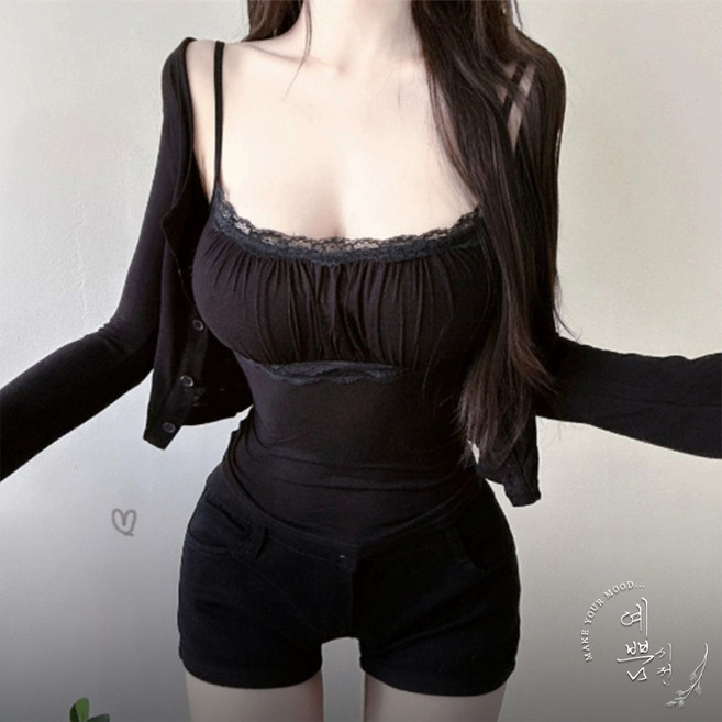 예쁨시전 [투피스] 쫀쫀 글램핏 셔링 레이스 나시 크롭 가디건 세트