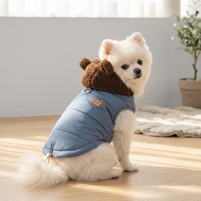 겨울 따뜻한 강아지 패딩 조끼 곰돌이 옷 귀여운 강아지 겨울옷 애견 의류 소형견 중형견용, 1개, 파란색