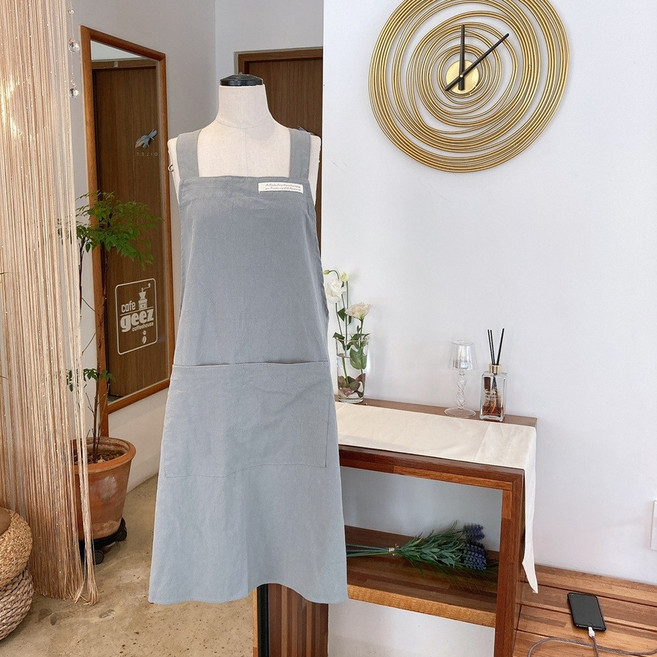 남녀공용 북유럽 스타일 롱 목걸이형 주방 카페 바리스타 앞치마 수납주머니 포함, 1개, 카키