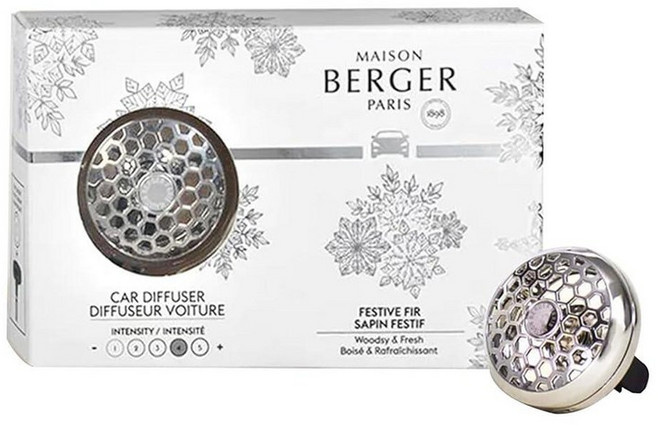 Maison Berger 자동차 디퓨저 세트 - 리필 가능한 벤트 클립 세라믹 리필 프랑스산 - 럭셔리 자동 향 - 4주 확산 - 모든 자동차 통풍구를 위한 우아한 공기 청, 축제 전나무