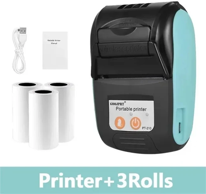 PT210 휴대용 2 인치 미니 열 영수증 프린터 무선 블루투스 포켓 58mm 빌 모바일 안드로이드 IOS Windows, 02 blue  ADD 3rolls