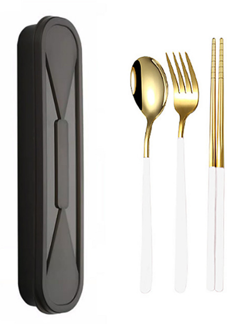 투데이리빙 3종 티타늄 수저 세트 숟가락 젓가락 포크 수저통 스텐 커트러리 디저트 스푼 나이프 도시락 케이스, 1세트, 숟가락+젓가락+포크+수저통, CJS005W(A골드화이트