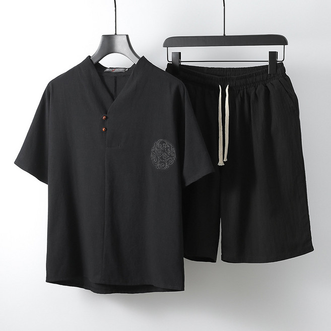 개량한복 상하 세트 면마 남성 여름옷 생활한복, 블랙, XL