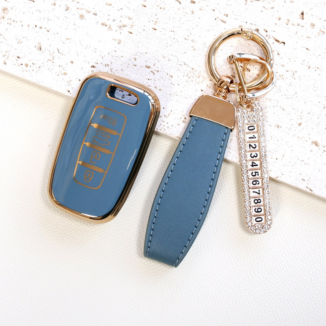 트니르 기아 현대 호환 자동차 키케이스 YF쏘나타 제네시스 쿠페 그랜저TG 아반떼MD 싼타페 베라크루즈 에쿠스 투싼IX I30GD 차 스마트키 tpu 골드라인 번호판키링, 일반오링, 블루