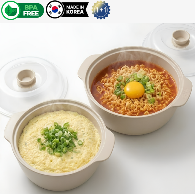 클릭키아 국산 전자레인지 용기 중형 소형 세트 계란찜 라면 만두 다용도 찜기 아이보리, 1세트