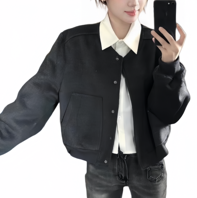 Makone 여성 라운드넥 야구점퍼 솔리드 빈티지 트랜드 루즈핏 캐주얼 자켓 심플 데일리 상의