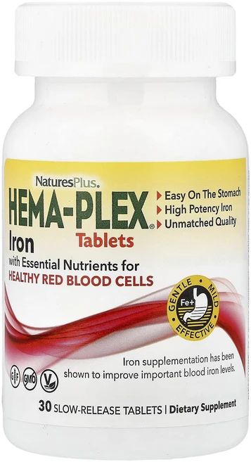 단백질 비타민 철분 마그내슘 칼슘 NaturesPlus Hema-Plex 건강한 적혈구 지원 필수 영양소 함유 철분 서방정 30정 고루고루섭취해주세요, NaturesPlusHemaPlex건강한적혈구지원필수영, 1개 - 쿠팡