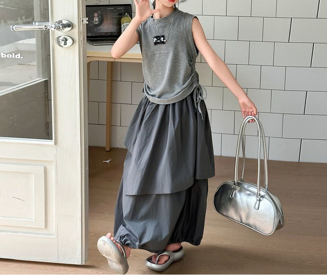 해피유통어린이 여아 패셔너블 캐주얼 세트 민소매 탑과 레이어드 롱스커트14세 이상 XG03