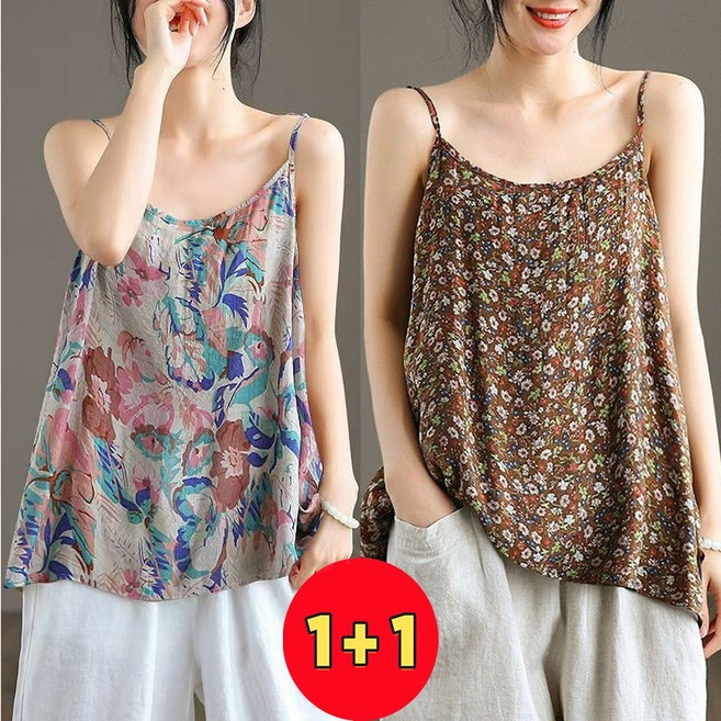 AOKADA 1+1 여성 나시 민소매 루즈핏 A라인 플라워프린트 모리걸 바캉스 통기성