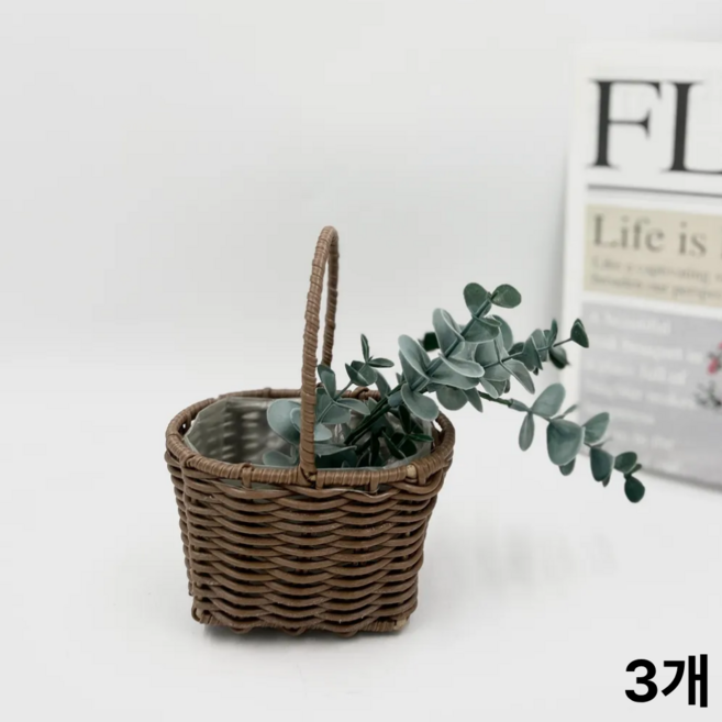 히스홈 미니 라탄 꽃 바구니 꽃꽂이 공예, 3개, 브라운