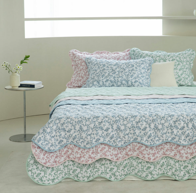 더플레오 봄이불 로닝 고주파 스칼럽 스프레드 3종, 블루+그린+핑크