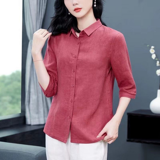 여성 면 마 티셔츠 봄여름 캐주얼 칠부소매 린넨 빅사이즈 티셔츠 루즈핏 슬림핏 면마 블라우스 셔츠 상의 SJS