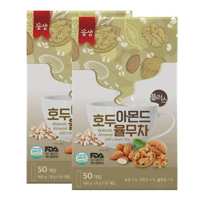 꽃샘 호두 아몬드 율무차 플러스 가루 스틱 50T x 2개, 단품, 1g, 50개입